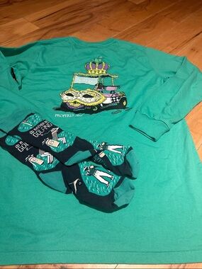 Properly Tee with Golf Cart Graphic - Mardi Gras with Golf socks